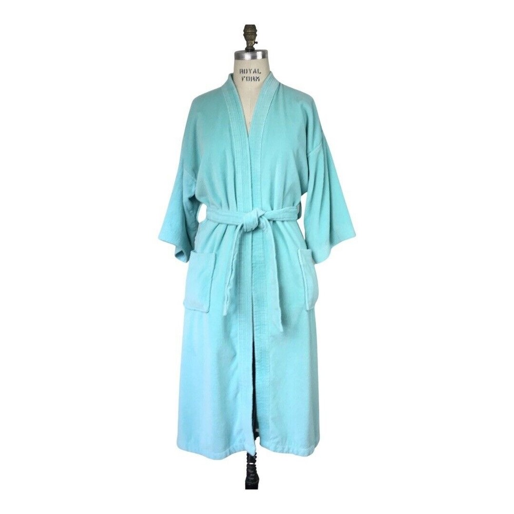 Vintage TJ Lawford Plush Terrycloth Robe 100% Turkish Cotton Turquoise Blue